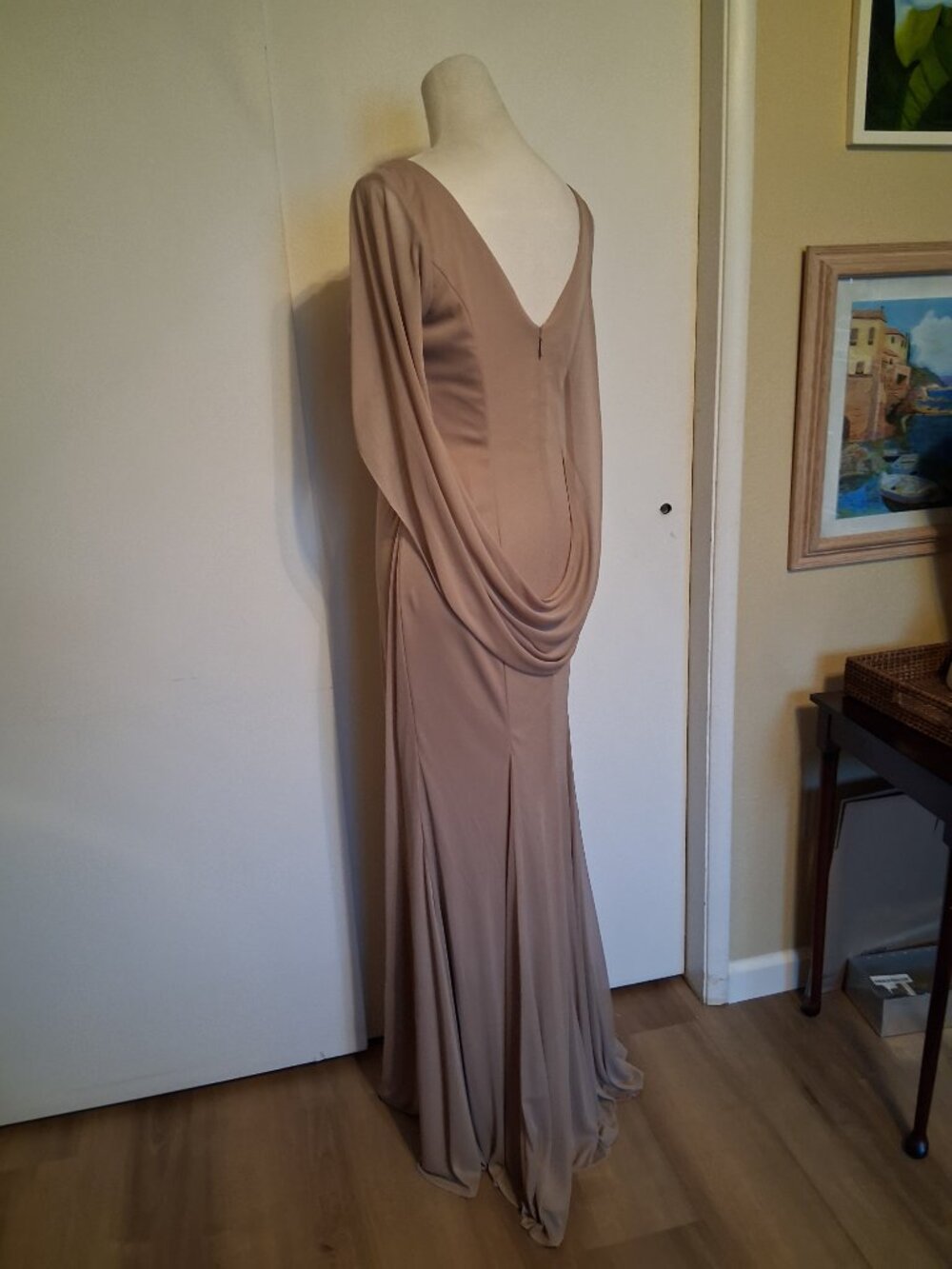 AZAZIE Belladonna mermaid gown in champagne featuring ruched mesh fabric.